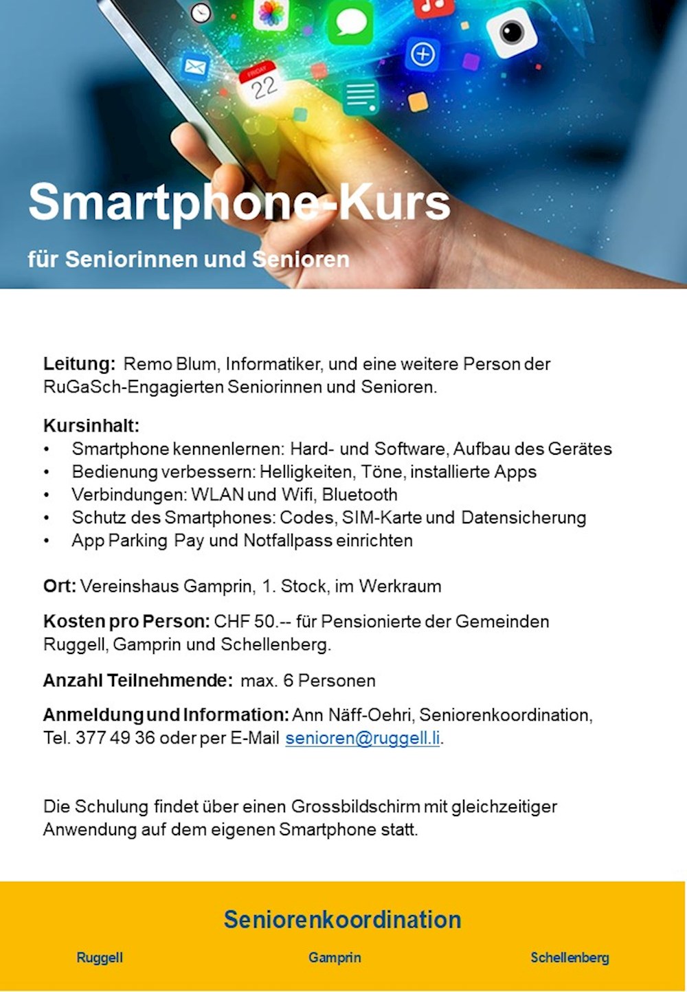 Einladung Smartphone-Kurs für Seniorinnen und Senioren